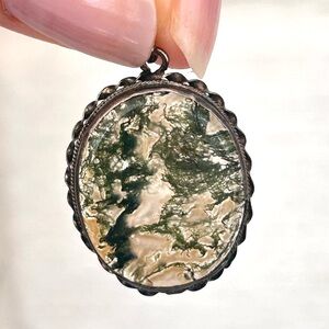 Vintage Sterling Silver Moss Agate Stone Gemstone Pendant 1 inch Oval Charm